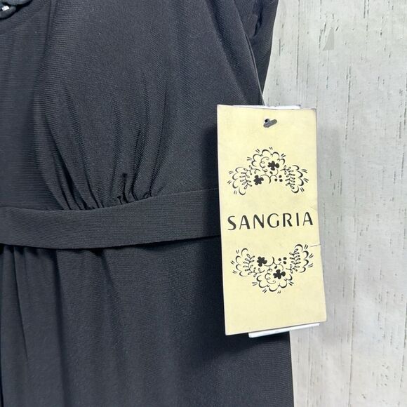 Sangria Black Sleeveless Sheer Babydoll Tie Front Embellished Stretch Midi Dress - Picture 7 of 16